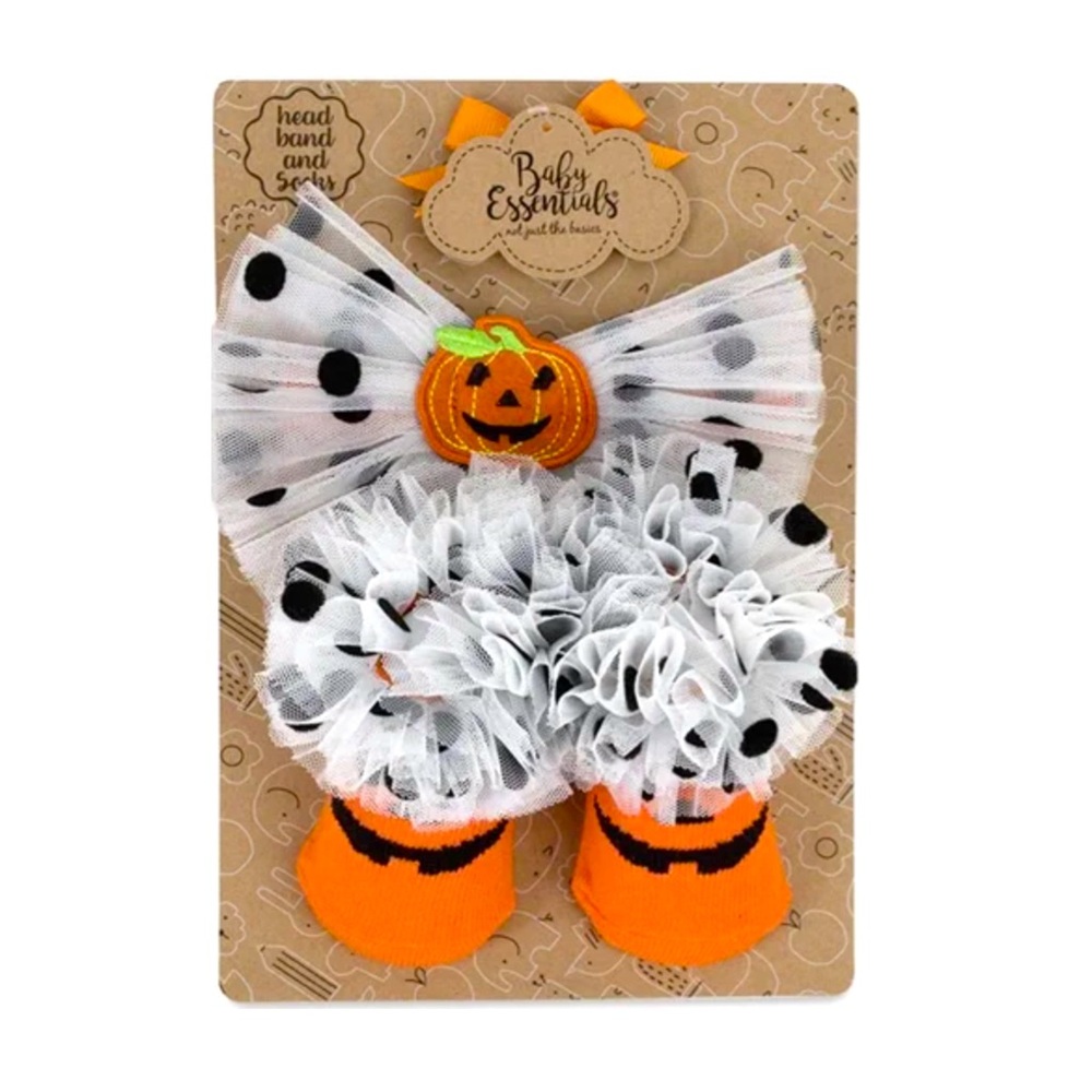 NWT Baby Essentials Jack-o-Lantern Pumpkin Halloween Sock & Headband Set 0-6M